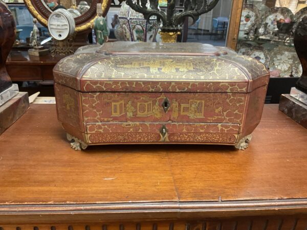 Chinese Export Lacquered Penwork Sewing Box With Ivory Fitting